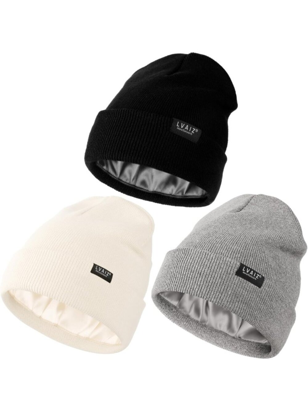 Cozy Satin Lined Beanies - 3 Pack, Warm Cuffed Winter Hats for Men & Women